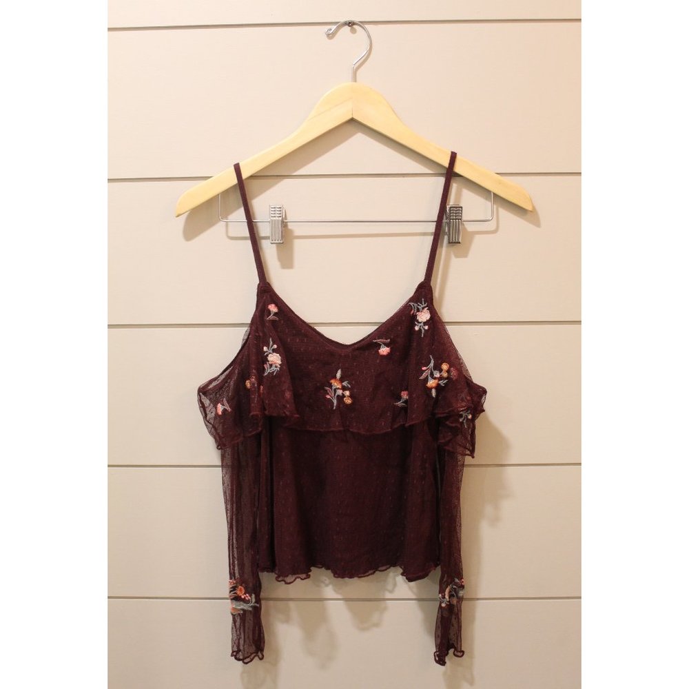 Mesh Long Sleeve Maroon Floral Top
